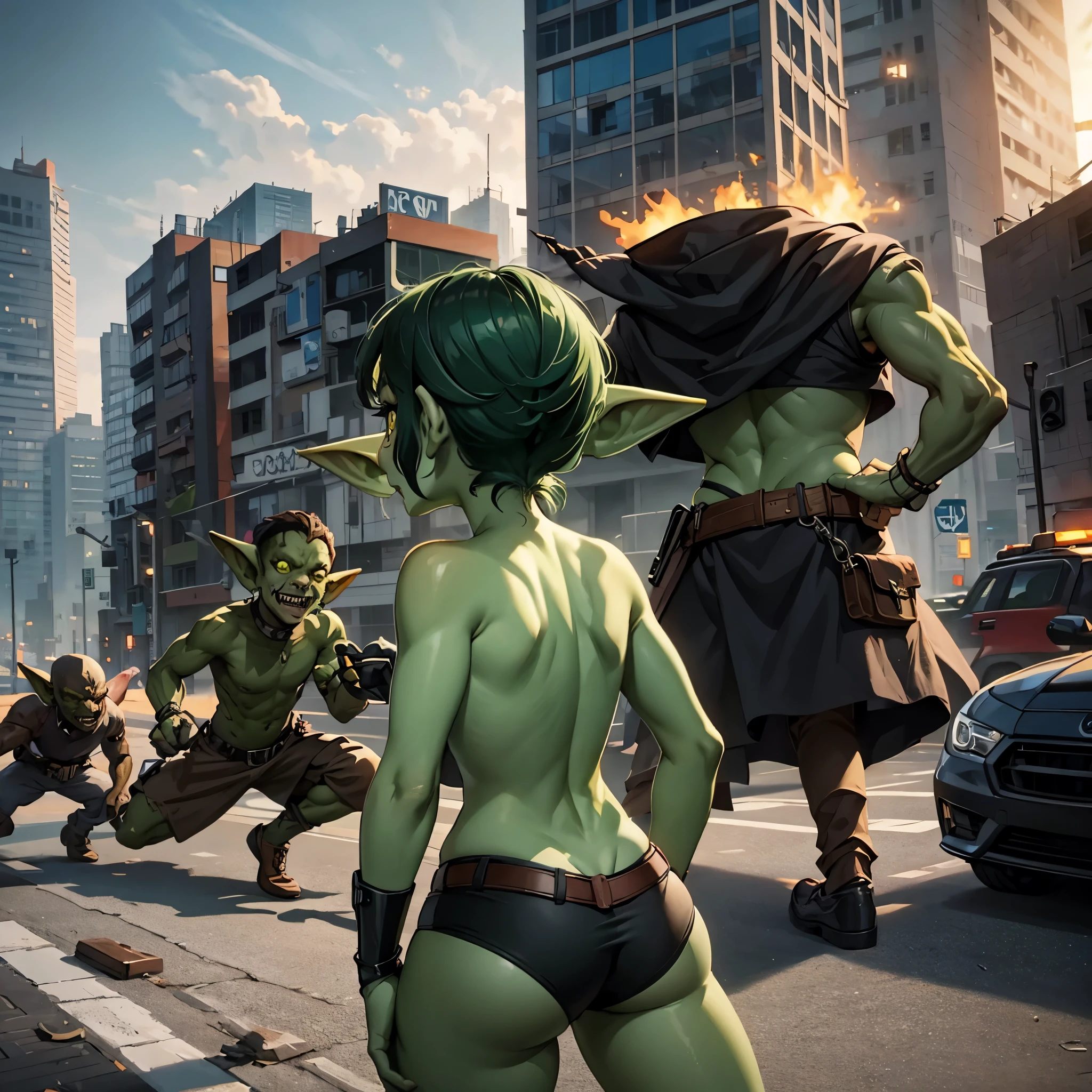 many goblins (goblin, green skin, pointy ears, sharp teeth, dressed in rags), invading a cyber punk city, smashing cars, attacking everything, breaking windows, running everywhere