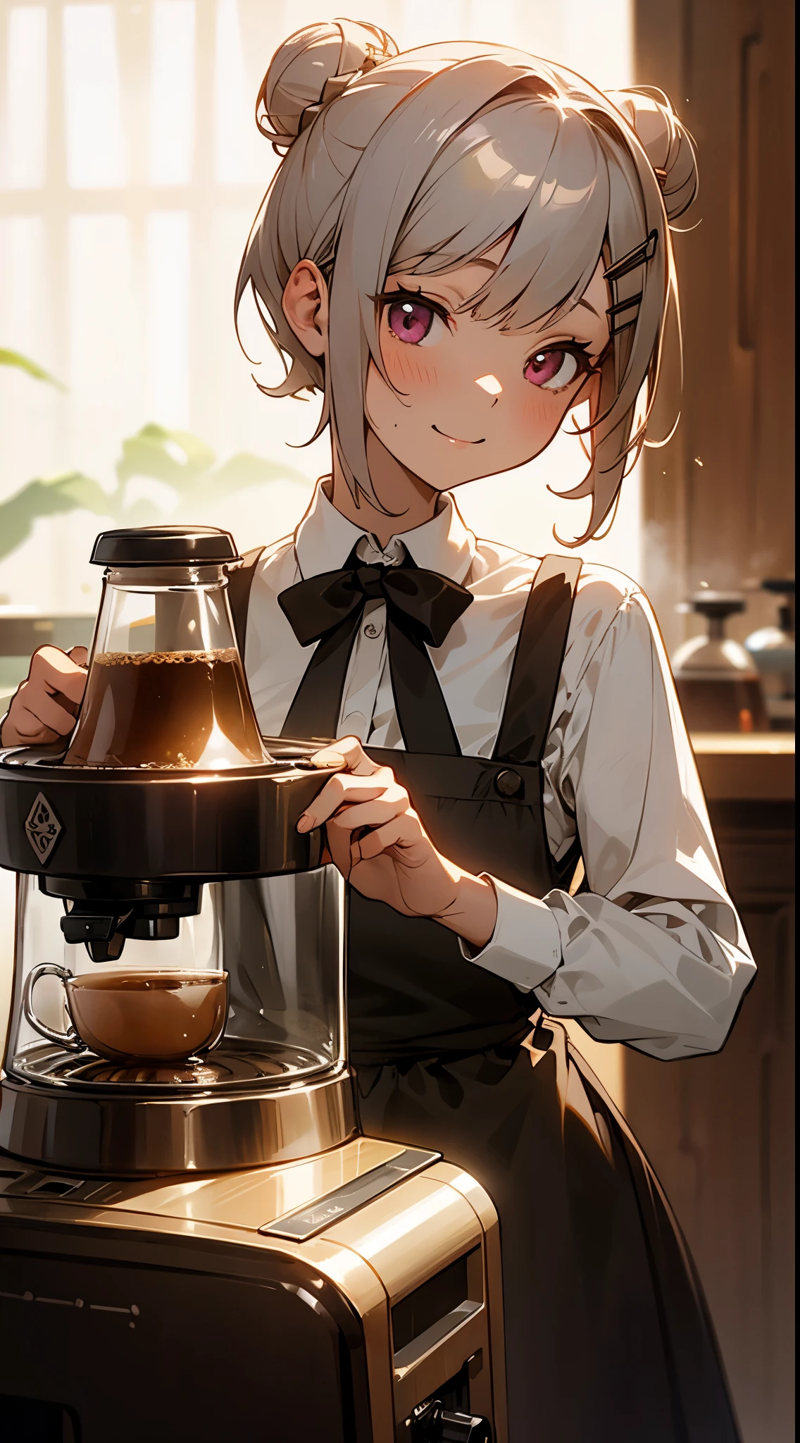 (masutepiece), Best Quality, Girl working in a coffee shop, brewing coffee with a coffee machine, Perfect face, Expressive eyes, Brown Apron, coffee shop from inside, Short hairstyle with silver hair and bob, Hair tied in a bun with a hair clip, Pink eyes, Cute girl s、A slight smil、Laugh, Cozy, (Night), Realistic, 4K, Flowers in a vase, Perfect Lighting, Traced light, Warm colors, Table chairs, Everyday life, Modern, Elegant, (relax vibe), White shirt, barista, Soft, humble,Delicate, Gentle, Night, Contrasty, Vivid colors, Bokeh, (The perfect coffee machine), state, (Soft), she drinks coffee and takes a break, There is a table with a cup on the left hand, There is a coffee machine on the table, Steam is coming out of the cup, Delicious coffee