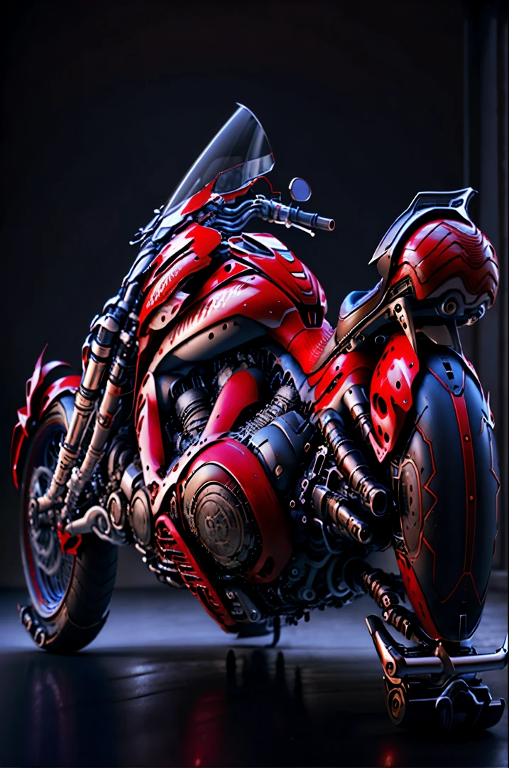 a close up of a red motorcycle parked on a black surface, akira motorcycle, akira's motorcycle, futuristic motorcycle, sazabi, daniel maidman octane rendering, futuristic suzuki, 3d render octane, 3 d render octane, motorcycle concept art, riding a futuristic motorcycle, style of akira motion movie, cycle render, octane redshift, akira cgi movie stills