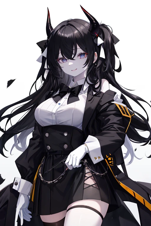 1girl, (very white skin), black eyes, medium long black hair, black horns, messy hair, black dress jacket, black shirt, white bow, black sleeves, white gloves, playful smile, naughty smile, medium breasts, sexy, attractive, work of art, masterpiece,