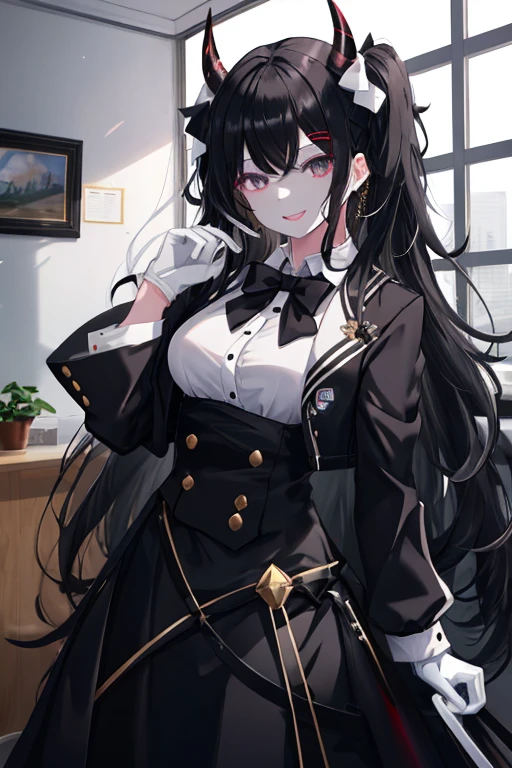 1girl, (very white skin), black eyes, medium long black hair, black horns, messy hair, black dress jacket, black shirt, white bow, black sleeves, white gloves, playful smile, naughty smile, medium breasts, sexy, attractive, work of art, masterpiece,