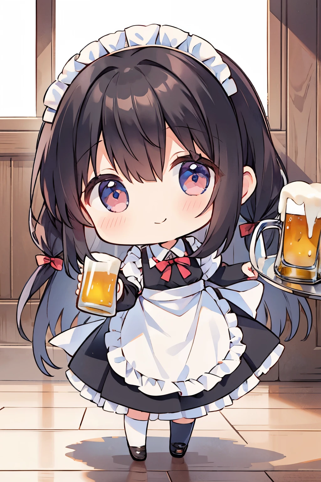((chibi:1.4)), (masterpiece), (best quality), high resolution, ultra detail, photorealistic, 8K, intricate face, detailed body, detailed face,
BREAK
long hair, black hair, maid uniform, maid skirt, maid apron,
BREAK
((tray on the lots of beer mug)), Izakaya, light smile