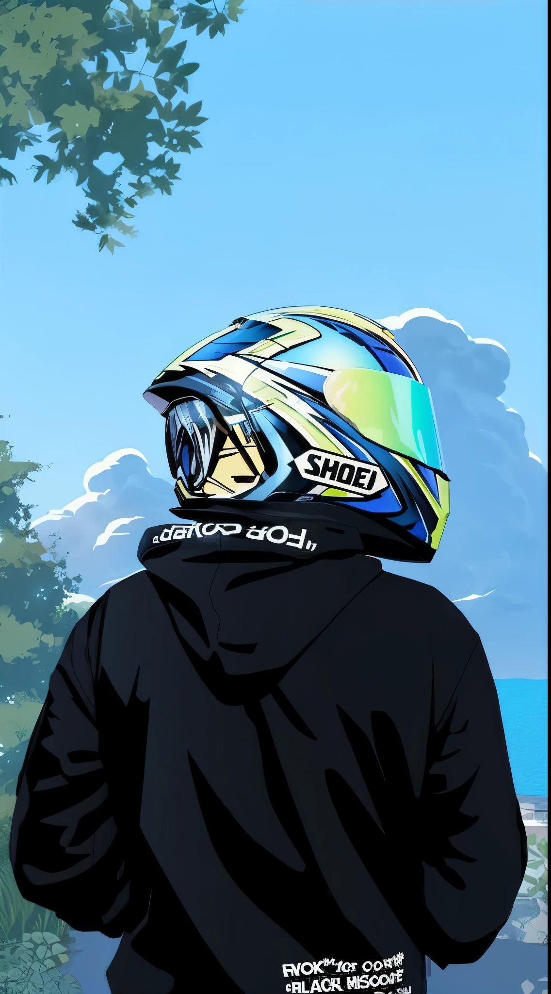 there is a man wearing a helmet and a jacket looking out over the water, reflection on helmet, wearing helmet, without helmet, motorcycle helmet, profile shot, detailed helmet, galaxy reflected helmet, in style of digital illustration, with neon visor, stylized motorcycle helmet, style of gta v artworks, flat color, inspired by Cam Sykes, vector style, cartoon art style