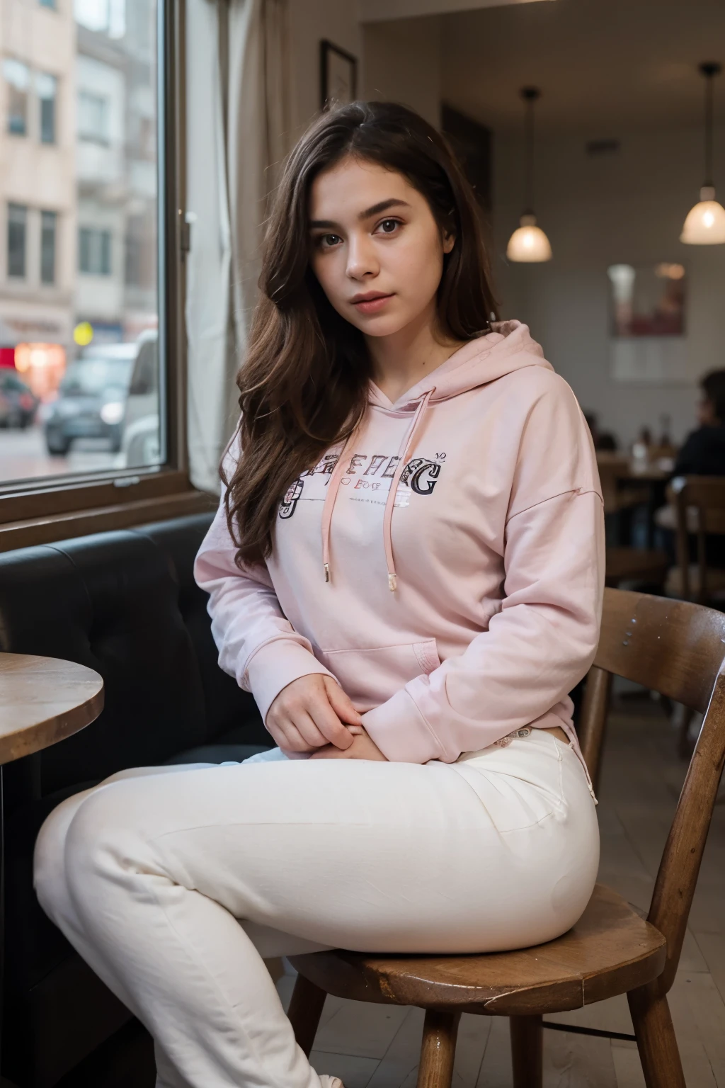 ((best quality)), ((masterpiece)), (detailed), perfect face, a girl sitting on a chair in a cafe drinking coffee, wearing pink hoodie and white jeans, perfect bg blur, cinematic lighting, 8k ultra resolution, hyper realistic quality, led glow blur in background