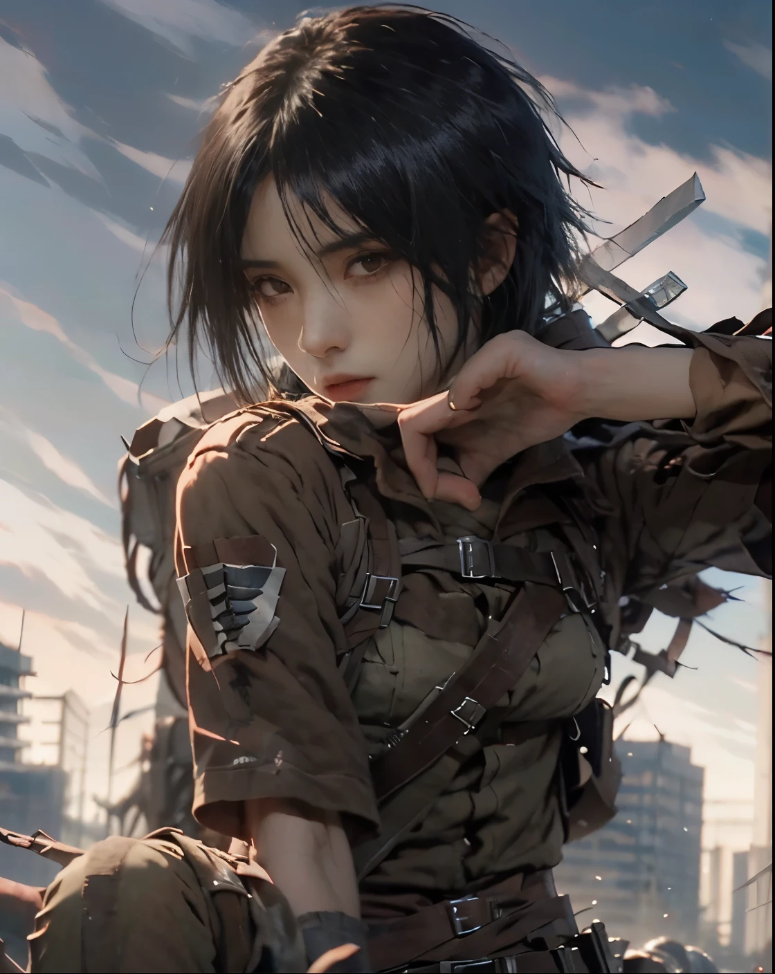 a close up of a person holding a sword in a field, mikasa ackerman, eren yeager, eren jaeger, attack on titans, shingeki no kyojin, attack on titan, (attack on titans anime), portrait of eren yeager, from attack on titan, anime epic artwork, attack on titan covert art,Attack on Titan heroine Mikasa Ackerman,with short black hair,Short hair,warrior combat uniform,black color hair,Short hair