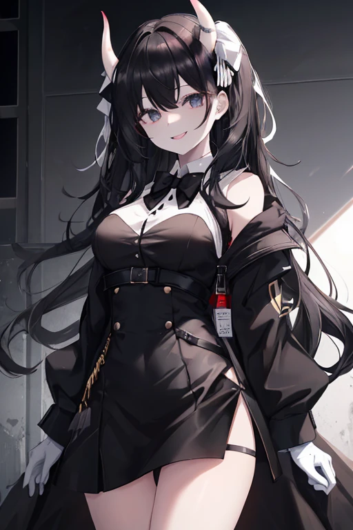 1girl, (very white skin), black eyes, medium long black hair, (black horns), messy hair, black dress jacket, black shirt, (white bow), black sleeves, white gloves, playful smile, naughty smile, medium breasts, sexy, attractive, work of art, masterpiece,