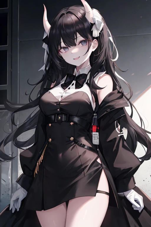 1girl, (very white skin), black eyes, medium long black hair, (black horns), messy hair, black dress jacket, black shirt, (white bow), black sleeves, white gloves, playful smile, naughty smile, medium breasts, sexy, attractive, work of art, masterpiece,