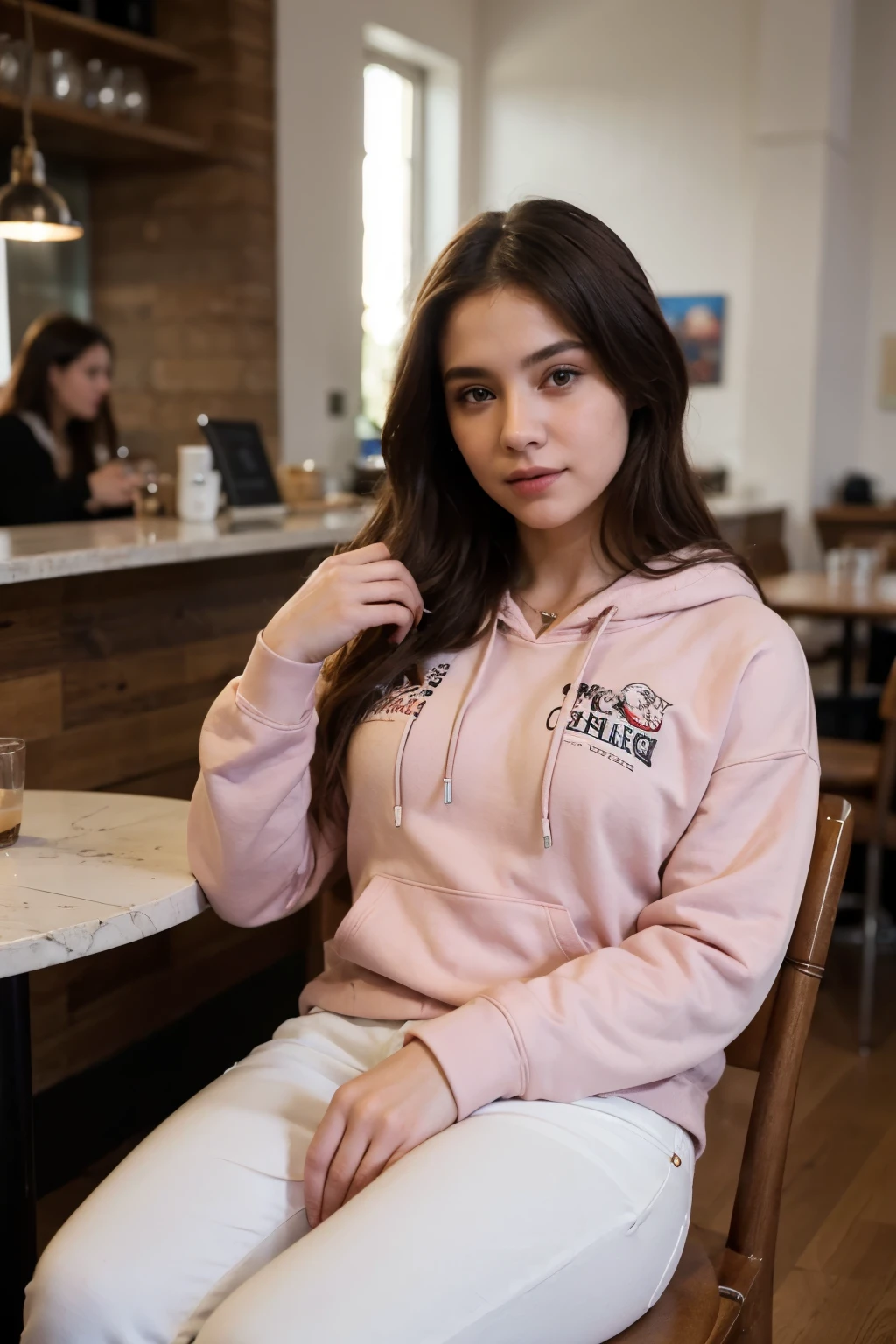 ((best quality)), ((masterpiece)), (detailed), perfect face, a girl sitting on a chair in a cafe drinking coffee, wearing pink hoodie and white jeans, perfect bg blur, cinematic lighting, 8k ultra resolution, hyper realistic quality, led glow blur in background