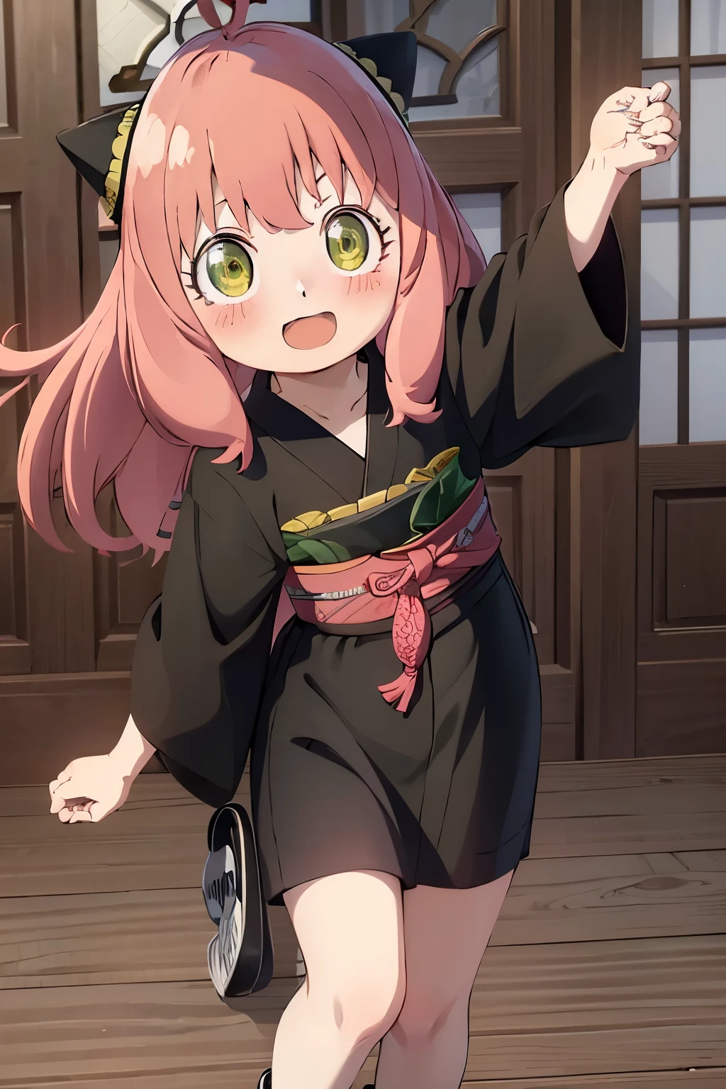 masuter piece, Best Quality, 超A high resolution, top-quality, Anime style, The best lighting, Beautiful face, A pink-hairedとverd s eyesを持つアニメの女の子、Pointing something with a surprised look and a black cat hat、1girl in、bangss、red blush, verd s eyes、Look at viewers、Opening Mouth、A pink-haired、shorth hair、A smile、独奏、牙、The upper part of the body, (Black kimono:1.3), (Yellow band:1.3), (hold hands with mother:1.3)