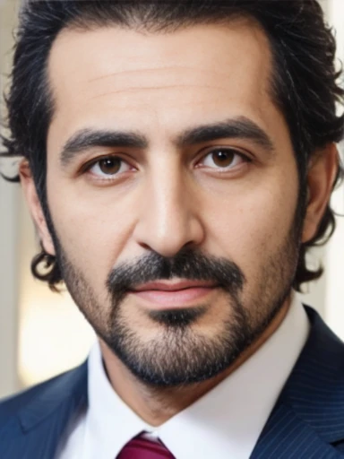 Lebanese man, ugly, short messy hair, facial hair, lazy, 50 years old, suits, large nose