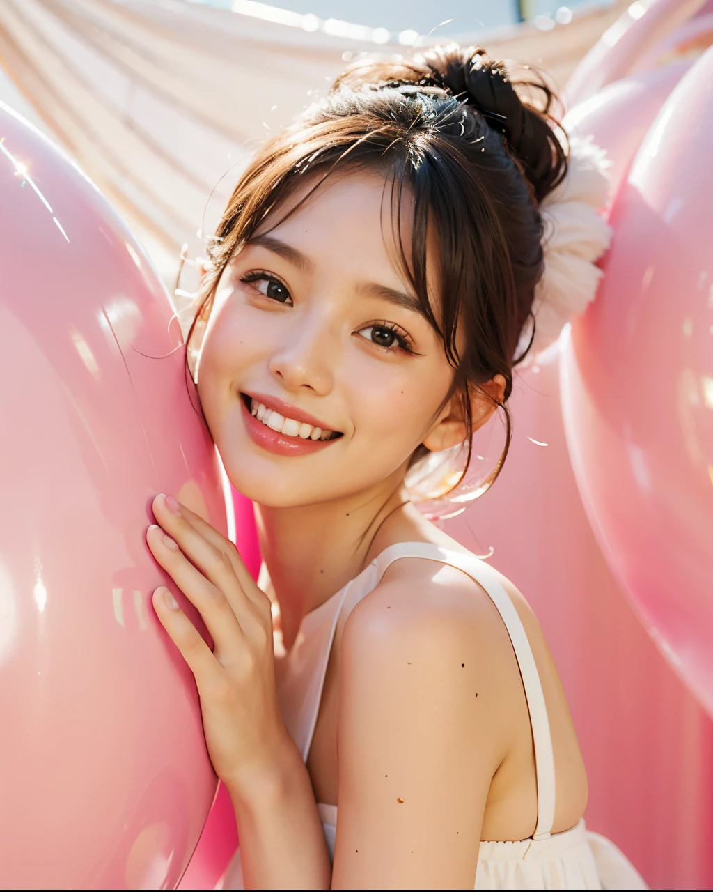 one-girl, big pink balloon on face, white halter dress, pink background, realistic, smile, meatball head, fair skin, light makeup, lighting for commercial shoot, 8K