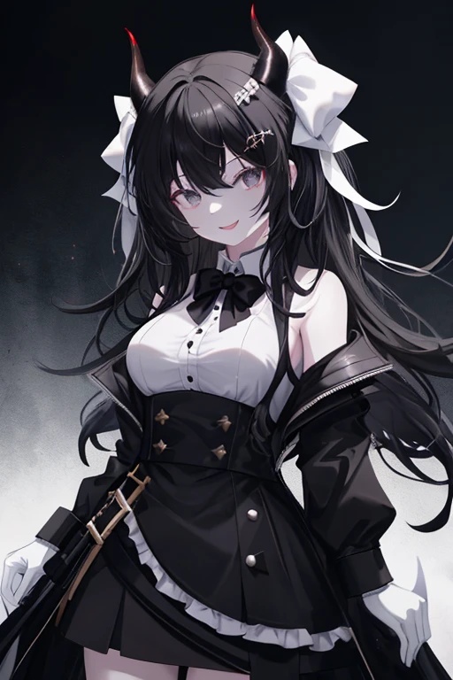 1girl, (very white skin), black eyes, medium long black hair, (black horns), messy hair, black dress jacket, black shirt, (white bow), black sleeves, white gloves, playful smile, naughty smile, medium breasts, sexy, attractive, work of art, masterpiece,