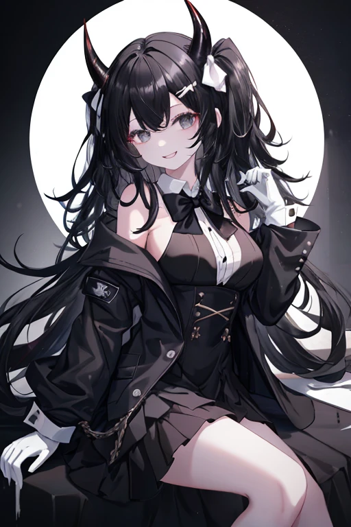 1girl, (very white skin), black eyes, medium long black hair, (black horns), messy hair, black dress jacket, black shirt, (white bow), black sleeves, white gloves, playful smile, naughty smile, medium breasts, sexy, attractive, work of art, masterpiece,