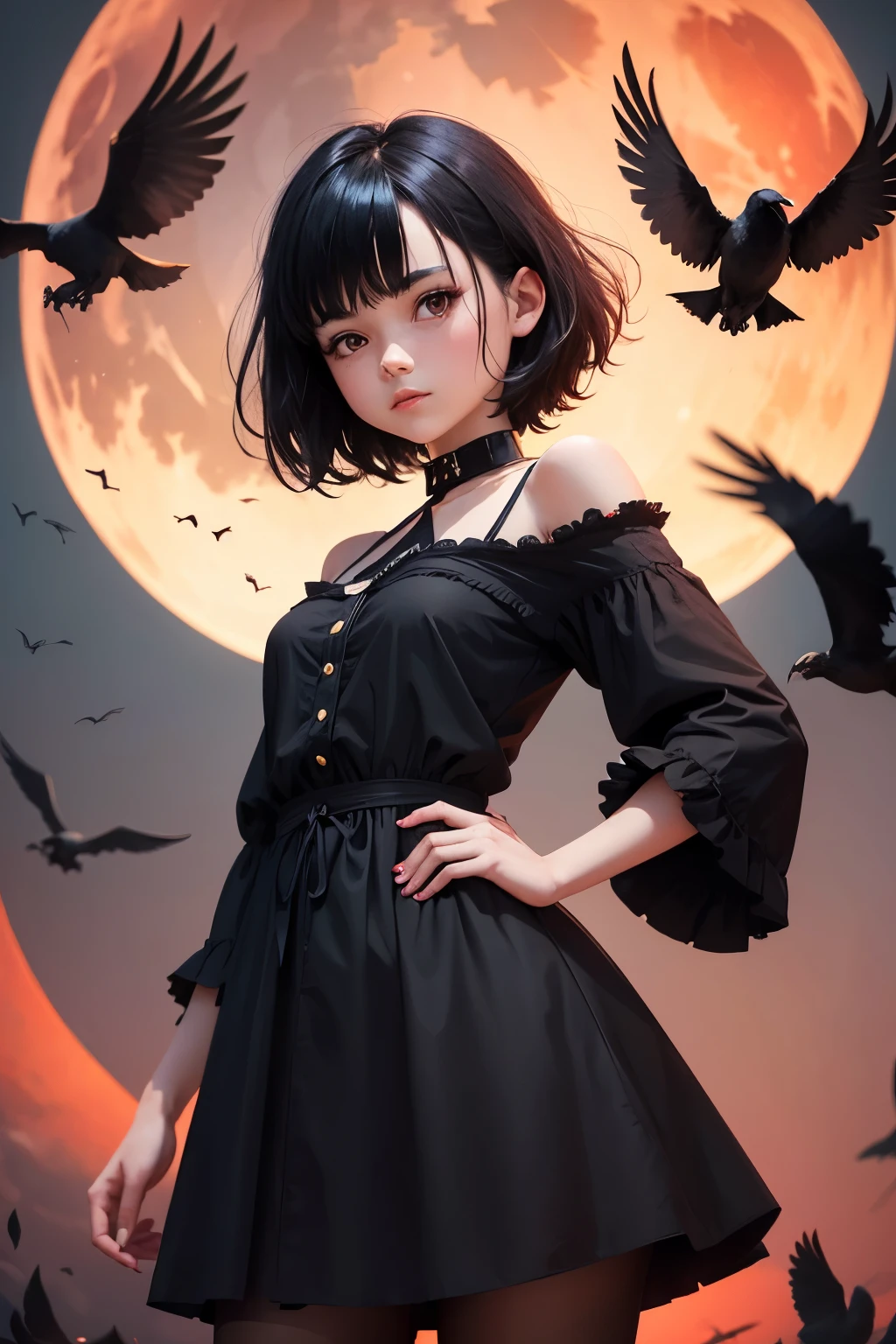 cute girl, A girl with a crow standing on her hand, and behind her are crows flying, night, and behind her a red moon, Short black hair, a raven standing on her hand, The viewer can see her body from the front