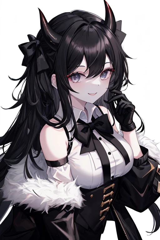 1girl, (very white skin), black eyes, medium long black hair, (black horns), messy hair, black coat, black shirt, (white bow), black sleeves, white gloves, playful smile, naughty smile, medium breasts, sexy, attractive, work of art, masterpiece,