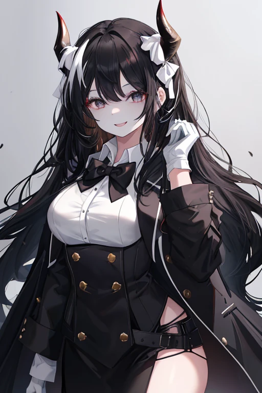 1girl, (very white skin), black eyes, medium long black hair, (black horns), messy hair, black coat, black shirt, (white bow), black sleeves, white gloves, playful smile, naughty smile, medium breasts, sexy, attractive, work of art, masterpiece,