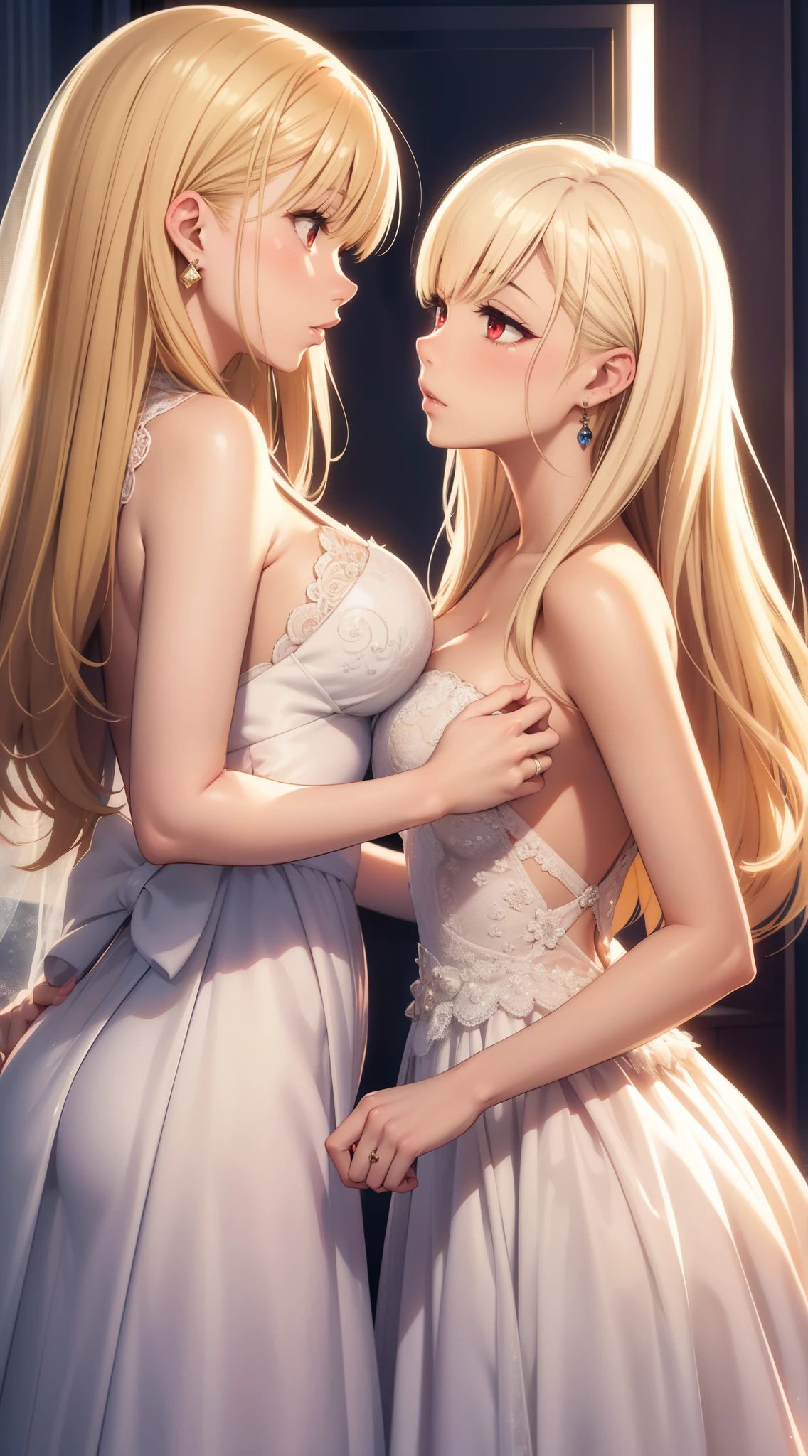 2girls, multiple girls, natural lighting, masterpiece, highly detailed, illustration, game CG, absurdres, high quality, glossy lips, looking at each other, lips parted, (wedding dress), kitagawa marin, blonde hair, long hair, swept bangs, gradient hair, red eyes, jewelry, earrings, piercing,