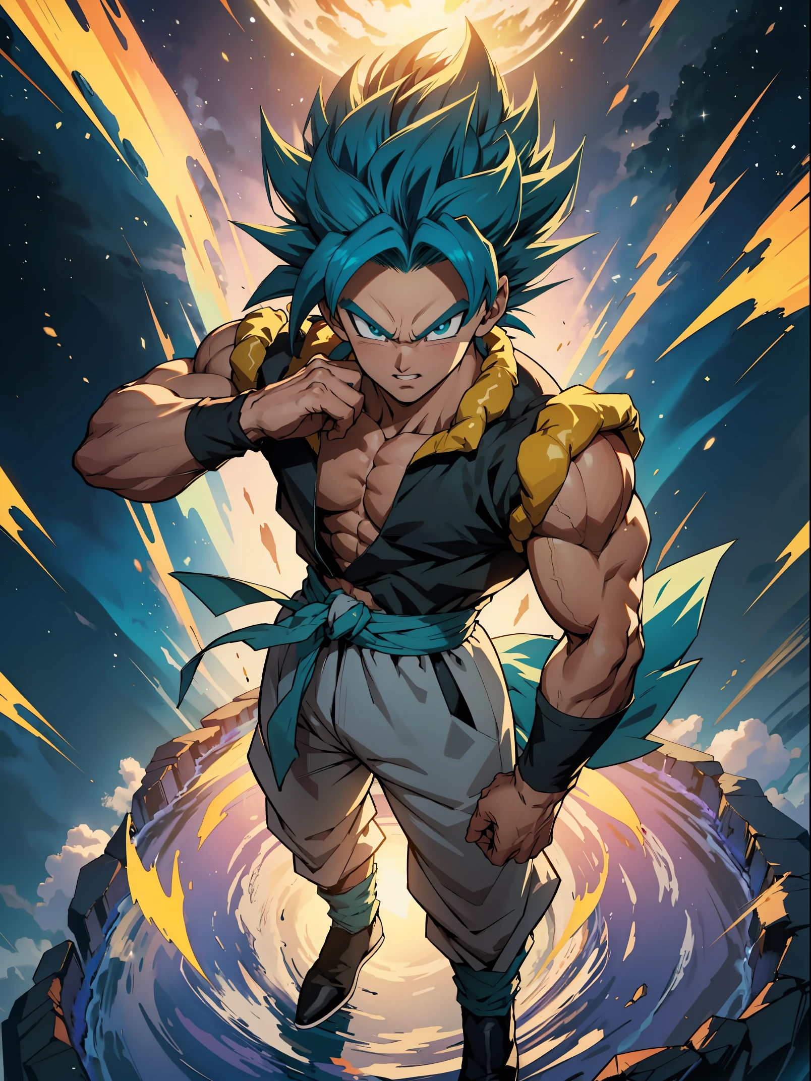 quadratic element,style of shonen anime artwork, fusion between goku and broly ,The proportions are correct,Face details,highly detailed eyes,hairstyle,Neck details,clothes details,getting ready to fight,short sleeves,Game quality,Light and shadow tracking,Ray traching,detailed glow,cg render,hair detail,Handsome,Handsome,（juvenile sense）,Clothing is complicated, Perfectcomposition,Refinement,high qulity,higher details,Lots of details, cosmos in the background, The background is complex, a sense of atmosphere, happy looking, ((anime))((colorful)), 8k, ((masterpiece)), HDR, highly detailed, vaines poping out, professiona,cloudstick,goku,super saiyan, full body artwork, on a planet, (teal hair:1.2), long hair