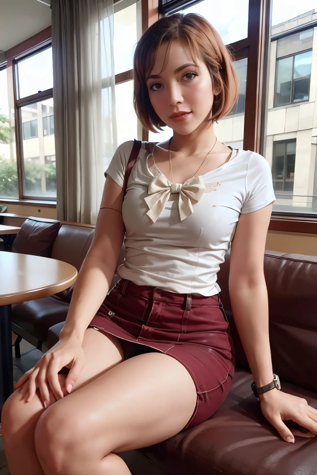 A photo of a young, nerdy woman sitting in a caf, wearing a white shirt and a bow, surrounded by a cozy atmosphere, looking at the viewer.
short hair, slender, red lips, transparent fabric, flirting with the camera