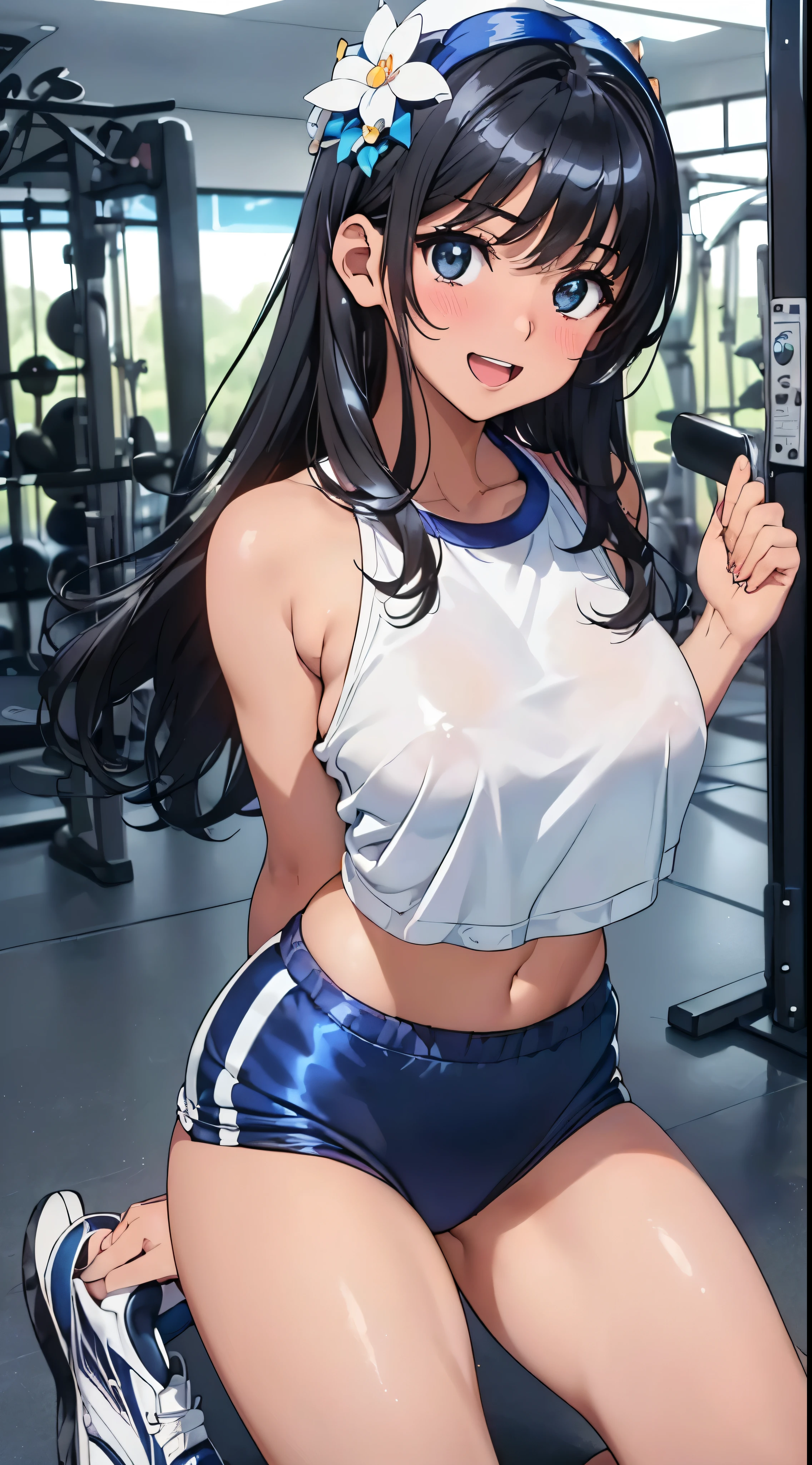 1womanl,Black hair,14years ,(()),Beautiful breasts,(((Sexy white and blue shiny gym clothes and bloomers)))(())(((Blushing cheeks、Smile with open mouth)),(((Satin Narico))),((( portlate))),Crowds,Shiny white and blue gym uniform,