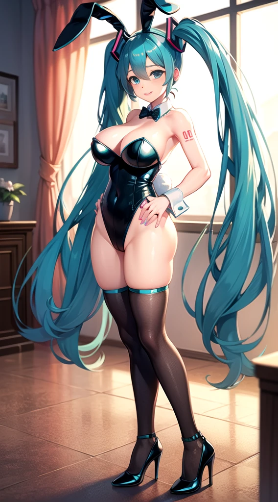 ((Hatsune Miku)), sexy outfit, twintails, high-leg leotard, high heels, ((bunny girl)), (huge breasts), black stocking, ((rabbit ear hair ornaments)), Valentine, Scalpel face, sexy pose, in room, high quality, high resolution, anime style
