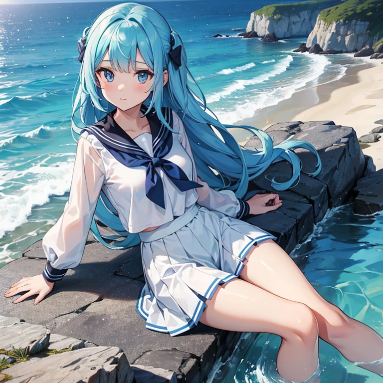 A nice white shirt that lets you see. 、Light blue flared skirt with ruffles、She lifts her skirt with both hands to show off her pretty white underwear.、Cute white underwear visible when you lift your skirt.、sandy beach, beautiful sea, night and starry sky