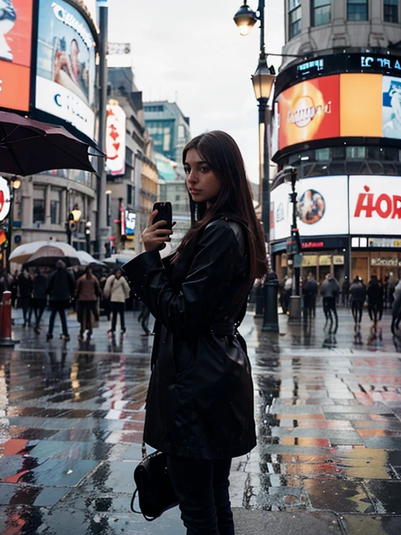 Photo of woman with umbrella taking a photo of a city street with a cell phone, in piccadilly circus Standing in piccadilly circus, Standing in piccadilly circus, in the square of time, Square of Time, In the middle of Montreal, square of weather, In Montreal, In Montreal ,piccadilly circus rainy , Take a photo, take selfies, take a selfie, Image, street photo, Montreal aesthetic, Montreal architecture.