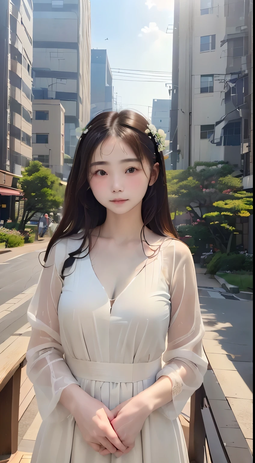(8k、RAW、top-quality、masterpiece:1.2)、(realisitic、Photorealsitic:1.37)、1girl in、CityView、natta、Sateen、wetty、profetional lighting、photon maping、radio、chinese dolls、insufficient、undergarment、、nurse、weddingdress、Same as original