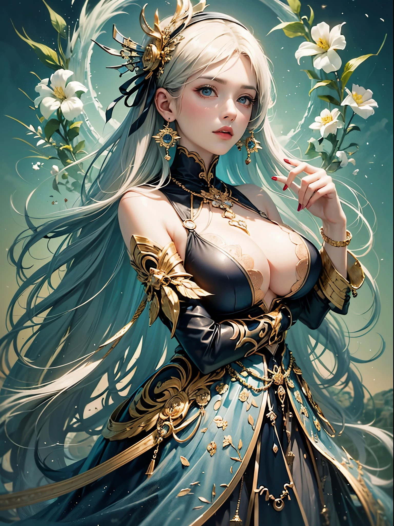 art, Unity 8k壁纸, Ultra-detailed, Beautiful and aesthetically pleasing, (s fractal art: 1.3),  flower, girls, (Hairstyles: Long hair) Ocean, Extremely detailed, Cowboy shot, The most beautiful, Seafoam, Buble, cute big breasts, ultra quality, random background, random dress, --auto --s2