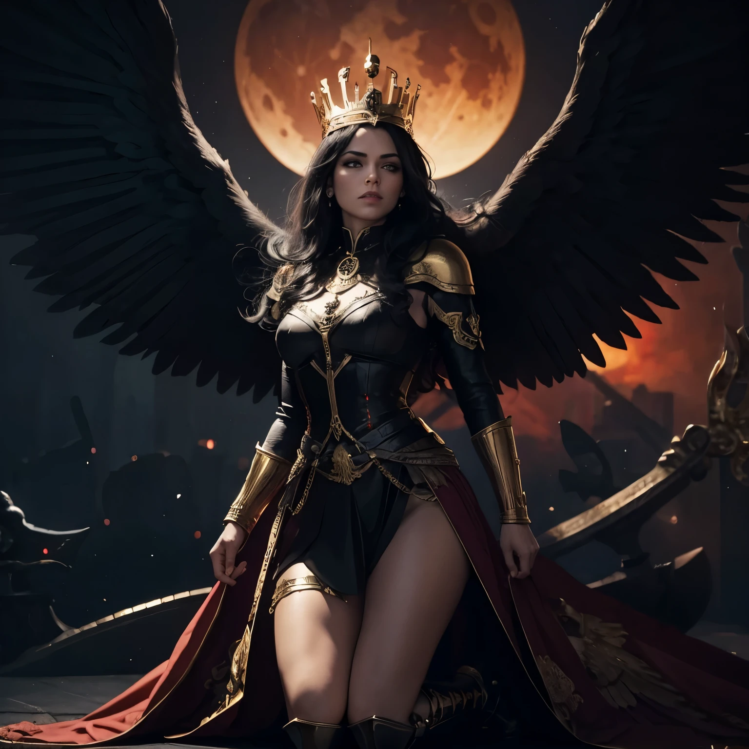 Queen Valkyrie, raven wings, large gold crown, black hair, sexy, dangerous, red moon in background, kneeling passive, dark background, Caucasian, seductive