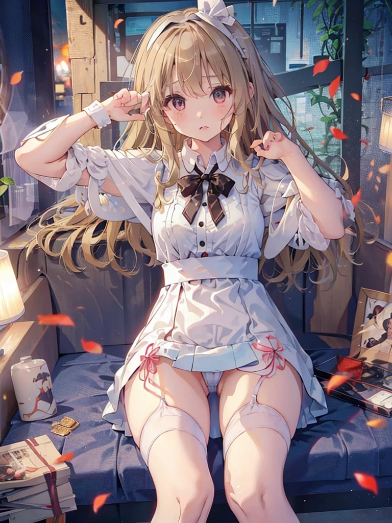 A 12 year old girl with a cute Alice in Wonderland blonde wavy headband sits naked with her legs spread wide showing her ass, anus, pussy and small nipples.。I don't wear any underwear。A pose where you can be seen from below。are small。Pose that shows your anus。pussy and anus are spread。Spreading legs with both hands。taking off the apron dress。SEX。NFSW