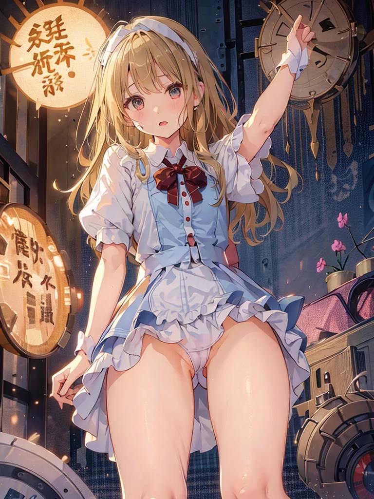 A 12 year old girl with a cute Alice in Wonderland blonde wavy headband sits naked with her legs spread wide showing her ass, anus, pussy and small nipples.。I don't wear any underwear。A pose where you can be seen from below。are small。Pose that shows your anus。pussy and anus are spread。Spreading legs with both hands。taking off the apron dress。SEX。NFSW