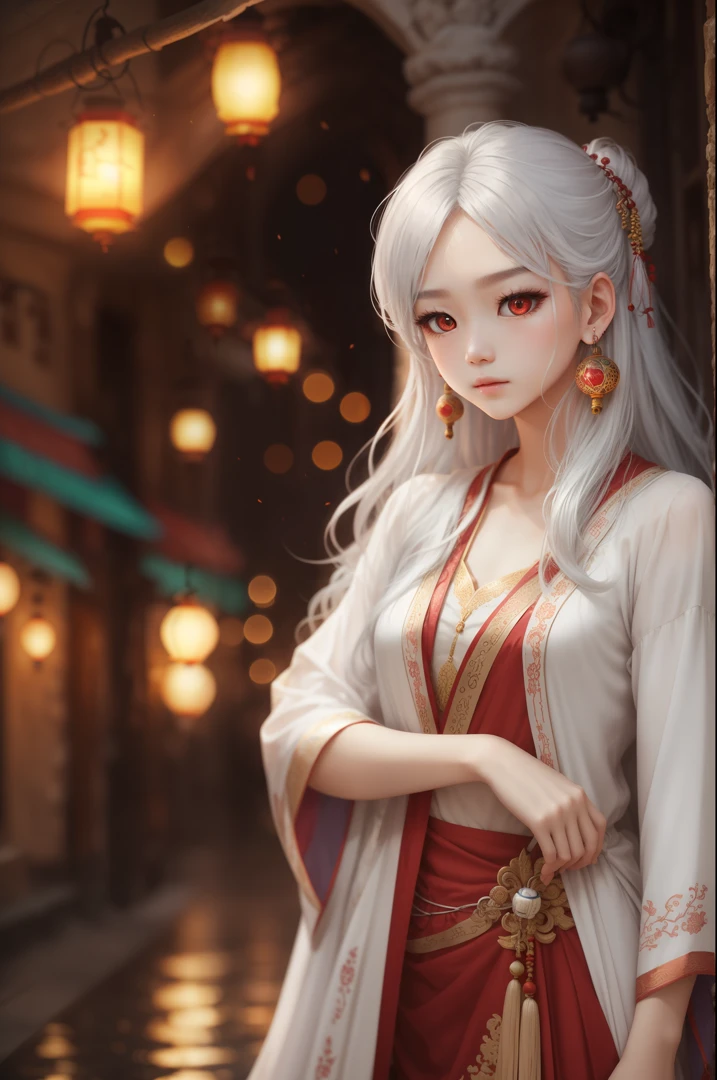 Ancient style, long-haired boy, silver white hair, red eyes, earrings, lantern festival,Normal human body proportions --auto --s2