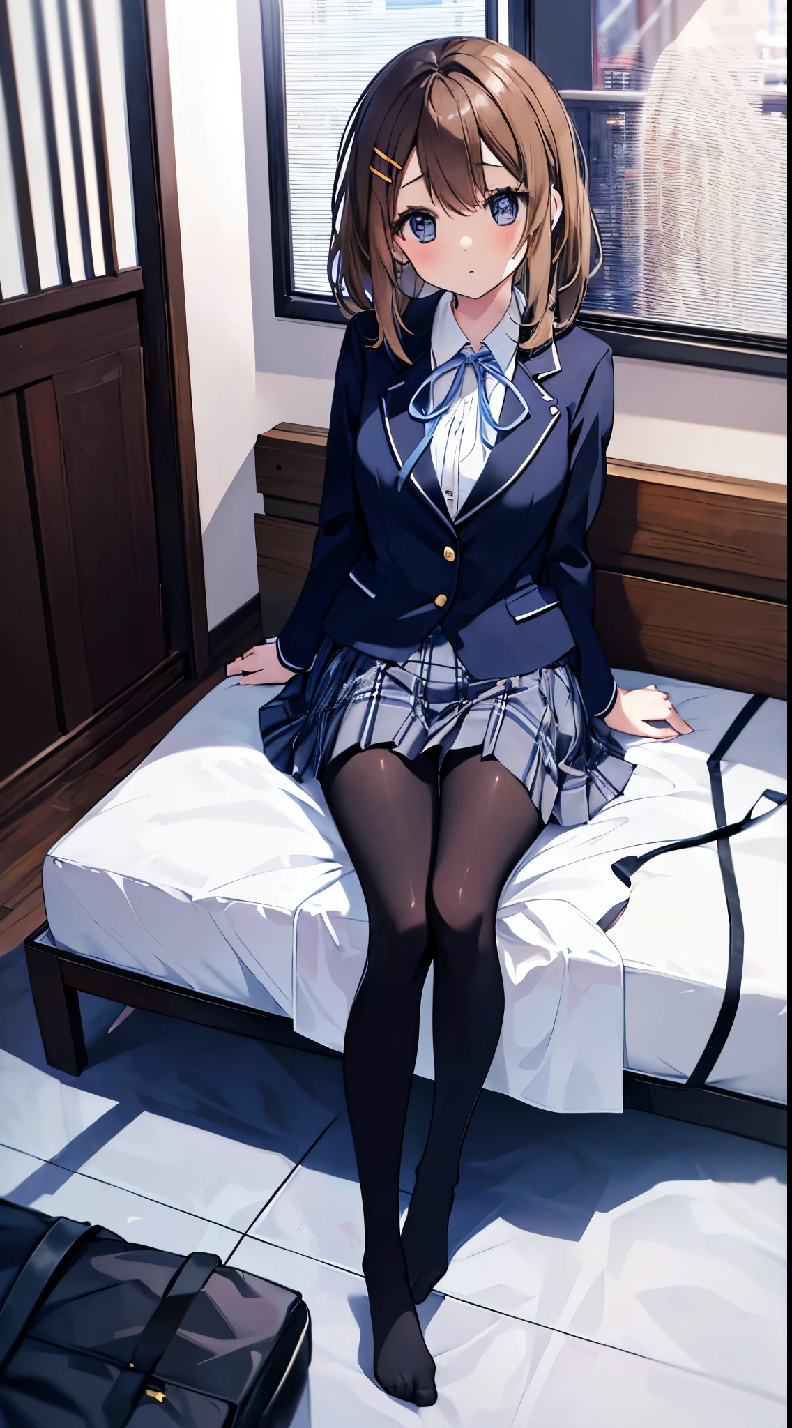 Finest, masterpiece, high definition, (full body), frontal, symmetrical, mature high school girl, solo, (full body from head to toe), small breasts, long hair, slightly messy hair, (black tights), ( (black pantyhose), black pantyhose, (composition where she is made to sit and lift her legs and make her legs open), (bound arms, arms behind back), composition showing white panties, slender beautiful legs, a very beautiful -yeld gi(not wearing shoes) legs), blushing, shy big eyes, messy hair, looking at camera, showing white panties, white frilly lingerie, high school uniform blazer, high school uniform White blouse, high school uniform with blue ribbon, high school uniform with short plaid pattern and navy pleated skirt, yui Hirasawa