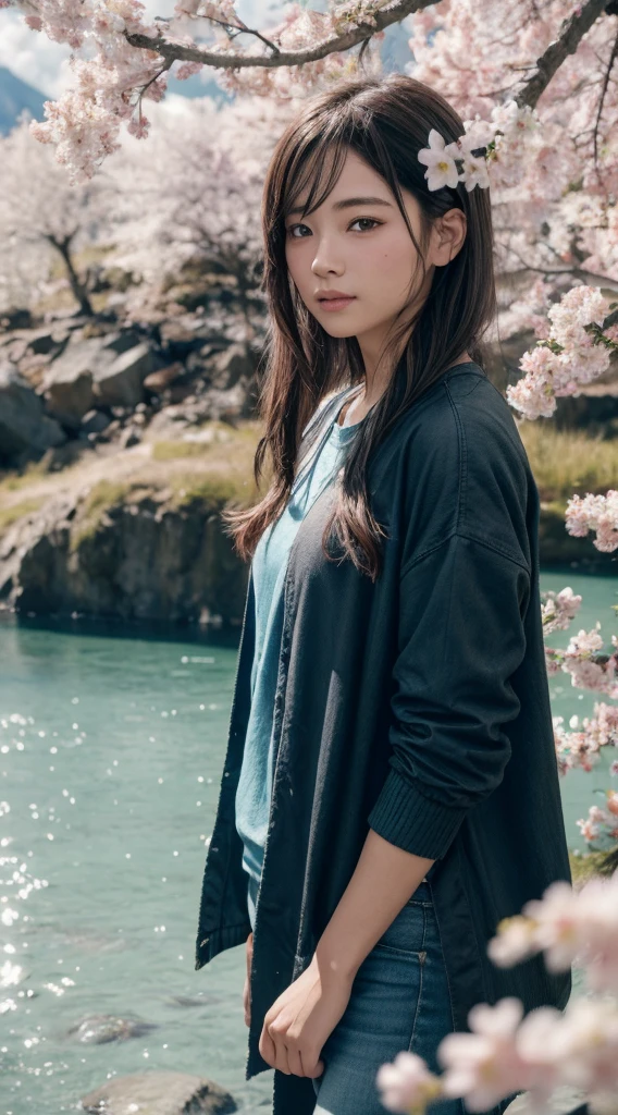 masterpiece, best quality, high quality, extremely detailed CG unity 8k 16:9 wallpaper, scenery, outdoors, sky, cloud, day, no humans, mountain, small birds , lily lake,landscape, water, cherry trees, blue sky, high waterfall, high cliff, nature, lake, river, cloudy sky,award winning photography, Bokeh, Depth of Field, HDR, bloom, Chromatic Aberration ,Photorealistic,extremely detailed, trending on artstation, trending on CGsociety, Intricate, High Detail, dramatic, art by midjourney