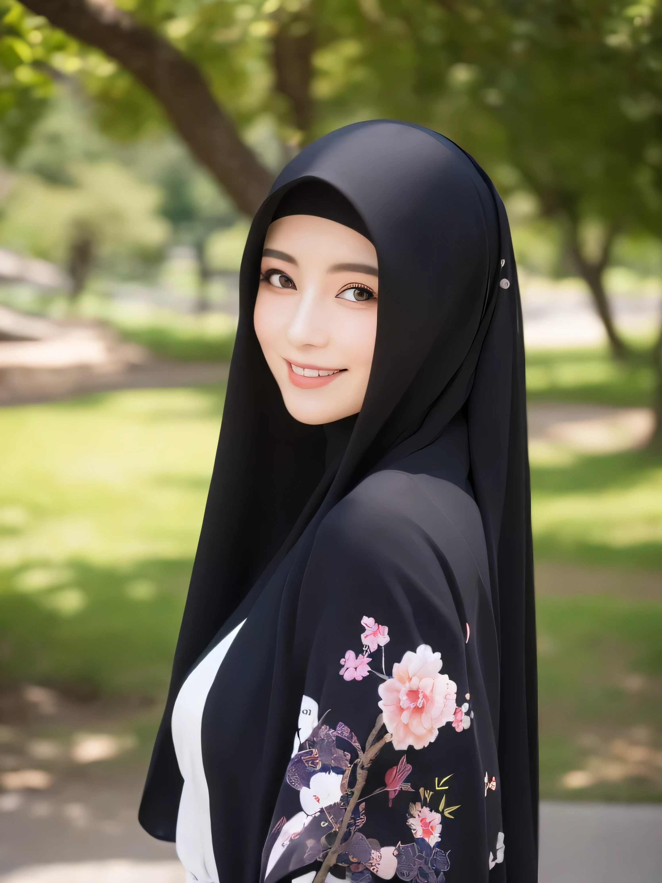 Masterpiece, Best Quality, illstration, Ultra-detailed, finely detail, hight resolution, 8K quality wallpapers, Perfect dynamic composition, Beautiful detailed eyes, Kimono, Well-formed kimono appearance, (Black shorthair), A slight smil, Looking at the camera, Kyoto Uzumasa Studio Park, wearing cupe hijab