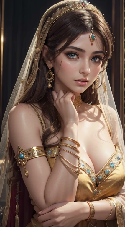 (best quality,4k,8k,highres,masterpiece:1.2),ultra-detailed,(realistic,photorealistic,photo-realistic:1.37), masterpiece, (1 beautiful young Russian bride), beautiful square face, wearing crimson square deep neck velvet embroidery dress half sleeves inspired by india, (dark rooted blonde hair:1.2), cleavage, best bridal make-up,  long eyelashes, big grey blue eyes, soft lips,gold jewellery, bangles, beautiful hands, (thick henna design on full arms:1), (dynamic lighting)