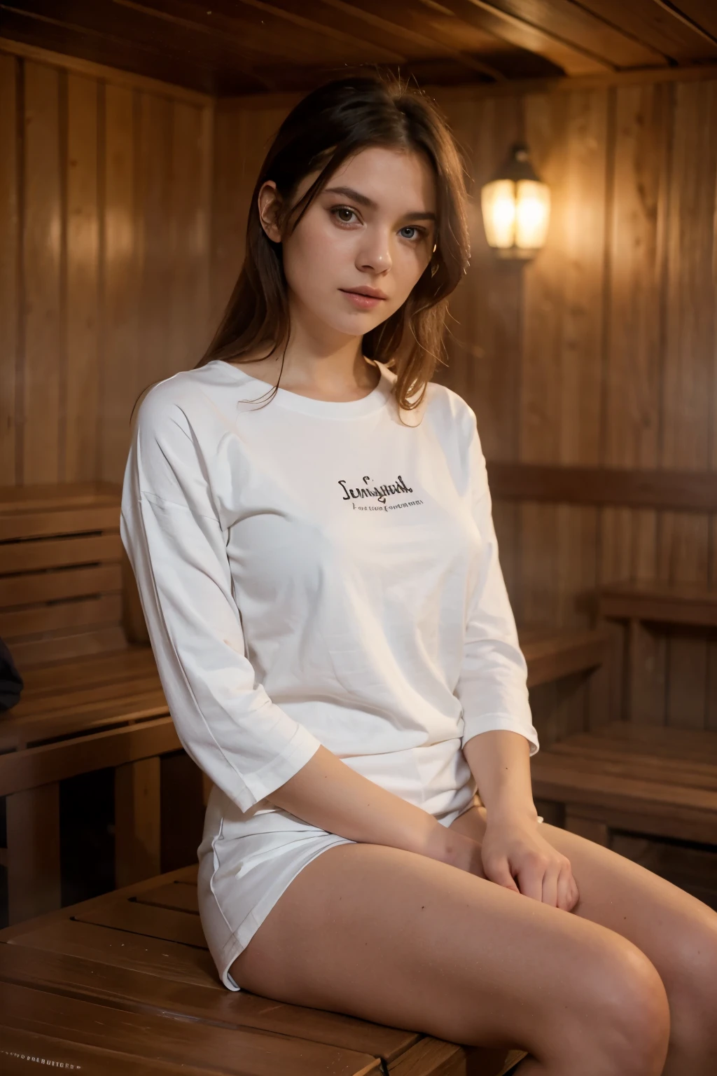 A beautiful perfect pace girl sitting in sauna, wearing white full length tshirt, full sleeves tshirt, cinematic blur, cinematic lighting