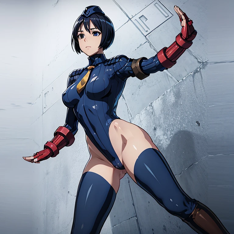 ultra-detailed, Explicit, Beautiful body, Beautiful Nose, Beautiful character design, perfect eyes, perfect face, ultra highres, 4K, beautiful legs, perfect legs, Nice hands, Perfect hand, Masterpiece, Best Quality, Highly detailed, illustration, absurdres, street fighter, doll suit, shadaloo doll, dollsuit, expressionless, blank eyes, looking at viewer, red gloves, emotionless, black latex, corrution, mind control, female combatant, full body, hypnotized, unhappy trance, full body suit, ribbed bodysuit, both arms at side, obey, perfect female body, extremely glossy latex, hypnosis, hypnoLora, empty eyes, Mind control device, poses, submissive_pose, Slave, hat, necktie, stand up straight, standing, standing at attention, hat, necktie, belt, latex, ribbed bodysuit, thighhighs, garter belt, Fighting Stance, extending the right arm from the shoulder into the air with a straightened hand, nazi saluting, military, military saluting, salute, thigh boots, 1girl, Valkyria Chronicles, Isara gunther, navy hair, short hair, blue eyes