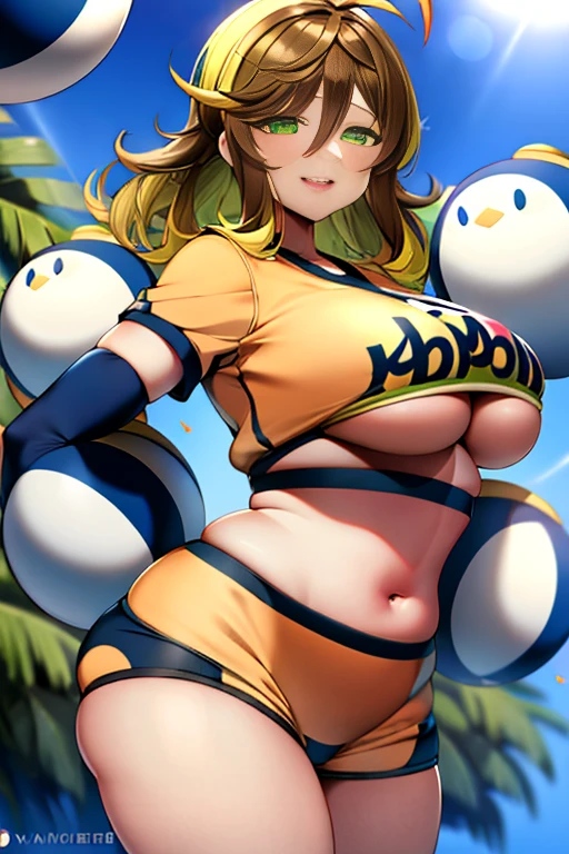 amicia michella - nijisanji, naime style 1girl, (((bimbo))), brown short hair, yellow inner hair, wavy hair, green eyes, (((bimbo))), thin lips, painted lips, midriff, shy smile face, wide hips, thick thighs, huge round ass, curvy accentuated booty, shiny oily breasts, cheerleading, cheerleader uniform, pom pom, full body, gym, nsfw