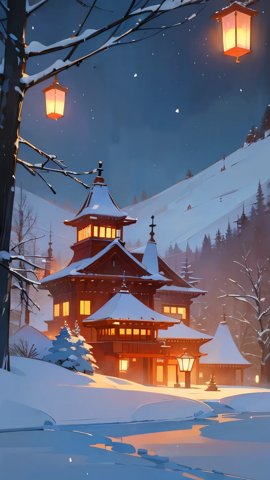 Design exquisite New Year greeting cards for users, Soft red lanterns depict a peaceful winter scene,Casts a warm glow over the snow-covered landscape, There is a brightly lit building in the background, Capture the peaceful atmosphere and magic of winter nights, painting of a, watercolor on texture ,