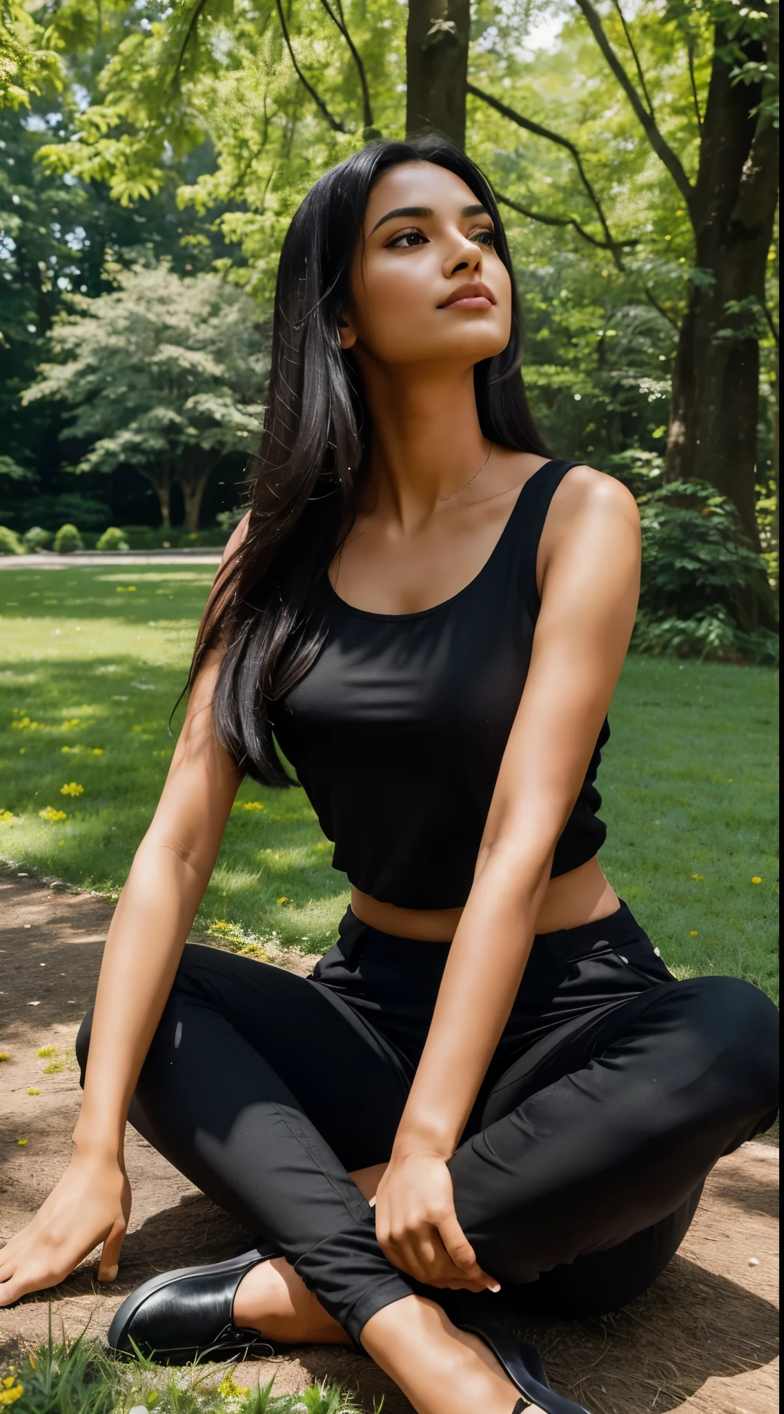 indian woman with long, dark hair, seated on vibrant green grass. She is dressed in a stylish black sleeveless top and black pants, with her legs crossed at the ankles. She wears black open-toed flat shoes. The woman is captured in a candid moment, looking upwards and to the side with a thoughtful expression, her hands open and slightly raised. Surround her with a serene backdrop of dense trees, creating the ambiance of a tranquil park. Include a whimsical element by having a few bright yellow flowers floating in the air to her side, as if carried by a gentle breeze. Shot on Nikon D850