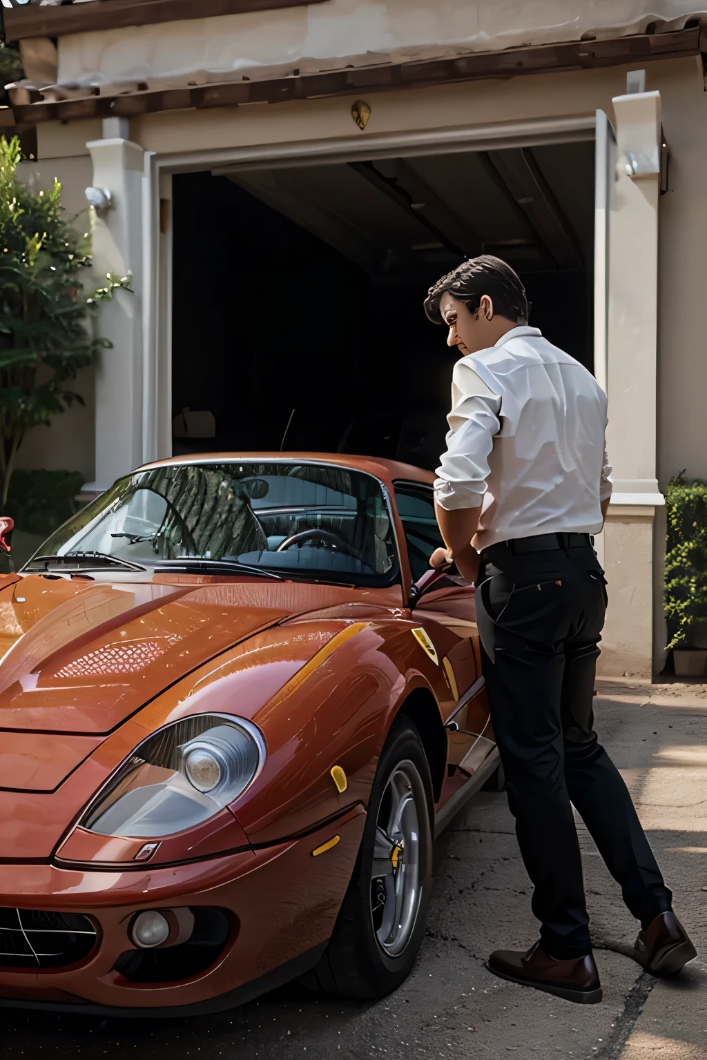 a rich Man opening his car  door (the new Ferrari 296 GTB), unexpected effect of photography, profile view, realistic, high resolution