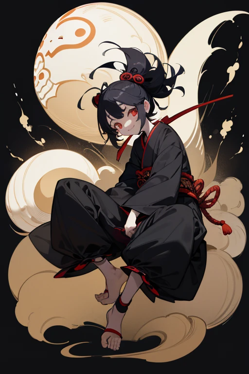 black background, full body, ((yokai)), Chojugiga, Shihon Bokuga, anthropomorphism, (Clear), (obvious), (masterpiece), (high resolution), (super delicate), (8k), rough sketch, Sumi-e, Japanese painting, Outline warm color, eerie, horror elements, Crazy illustrations, antique, Dark atmosphere, doll-like face, horror factor, Crazy smile, spooky look, personification of junk, Distinctive hair style, Creative accessories, individualistic atmosphere