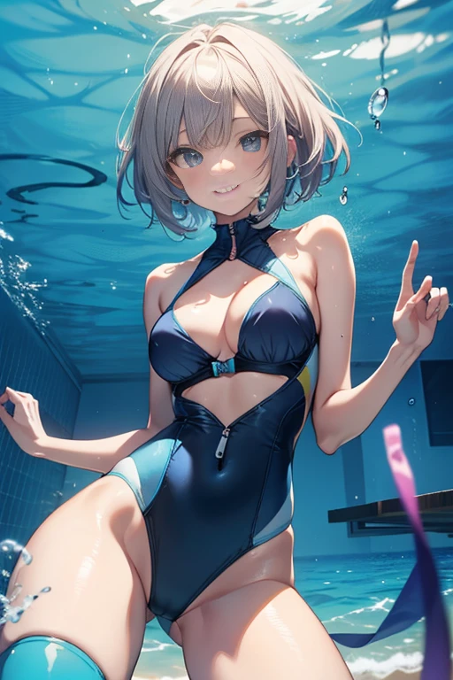 top-quality、Full limbs、complete fingers、Slender beauty、straight haired, very short hair、knee high、futuristic swimwear combination、Small eye lid、swimwear combination has an ultra fine mesh, swimwear combination translucent, the swimwear combination covers only vagina and nipples, you see nipples through bra, you see vagina slit through swim shorts,swimwear combination has the exact skin colour tone, very cheeky smile