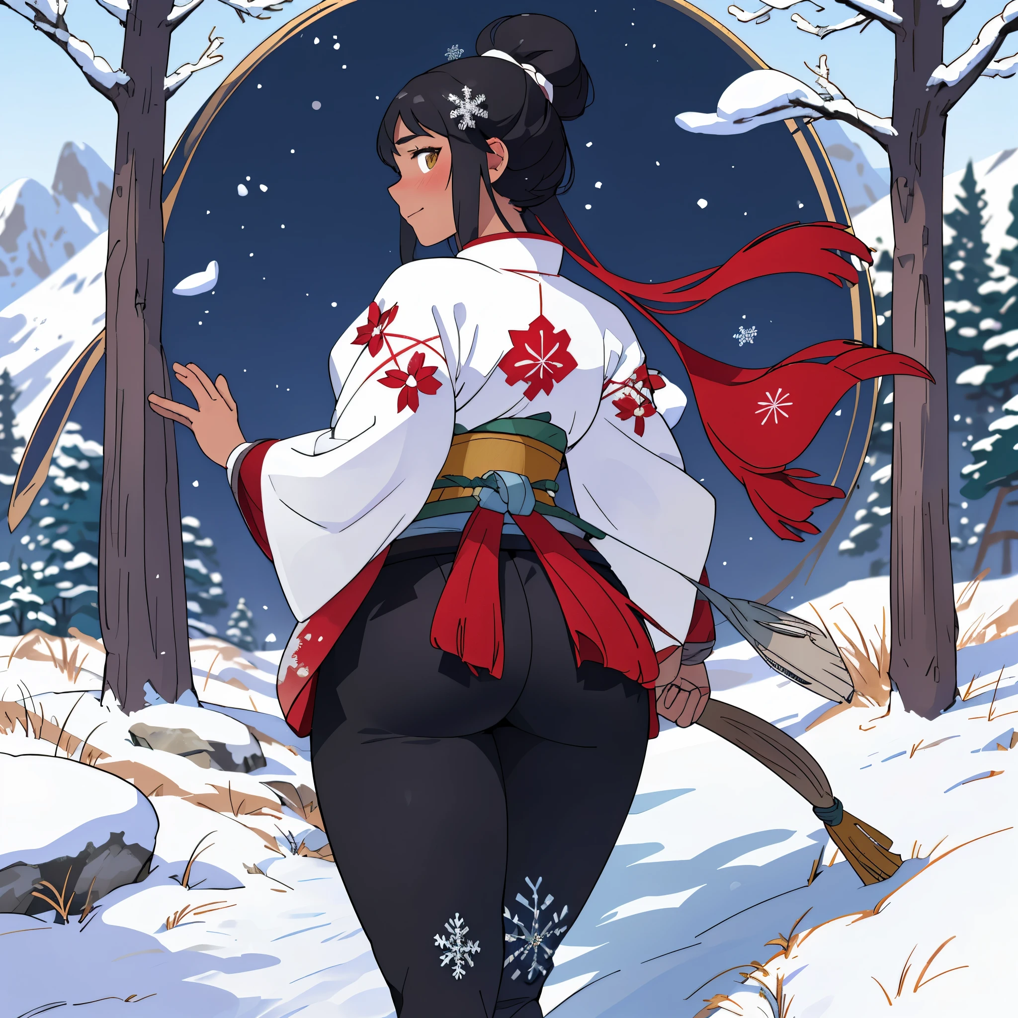 best quality,ultra-detailed,realistic,photography,shimmering armor,snow-covered trees,two women in traditional Edo period clothing,delicate embroidery,snowflakes glistening in the air,majestic mountains in the background,vibrant red and gold colors,soft natural lighting,dynamic poses,peaceful atmosphere,subtle hints of traditional Japanese architecture,ethereal beauty,detailed facial features,long flowing hair,graceful movements,serene expressions,mystical aura,cold winter breeze,soft footsteps on the snow-covered ground, exposed butt, beautiful butt, bewitching thighs, back view, dark skin, looking at viewer, sweaty anus, anus, fart, farting