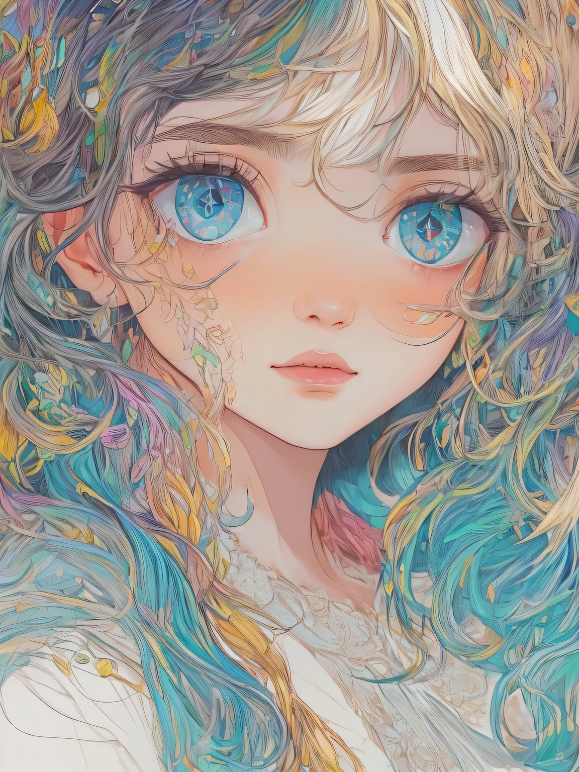 (masutepiece, Best Quality), Beautiful woman,portlate、 Wavy Hair, asymmetrical bangs,  Perfect face, Beautiful face, enticing, big gorgeous eyes,　(Detailed eyes, Eyes Like Gems, Sparkling eyes:1.3) , Soft smile, perfect slim fit body, blue-sky, (plein air), Bright colors, (Risograph)