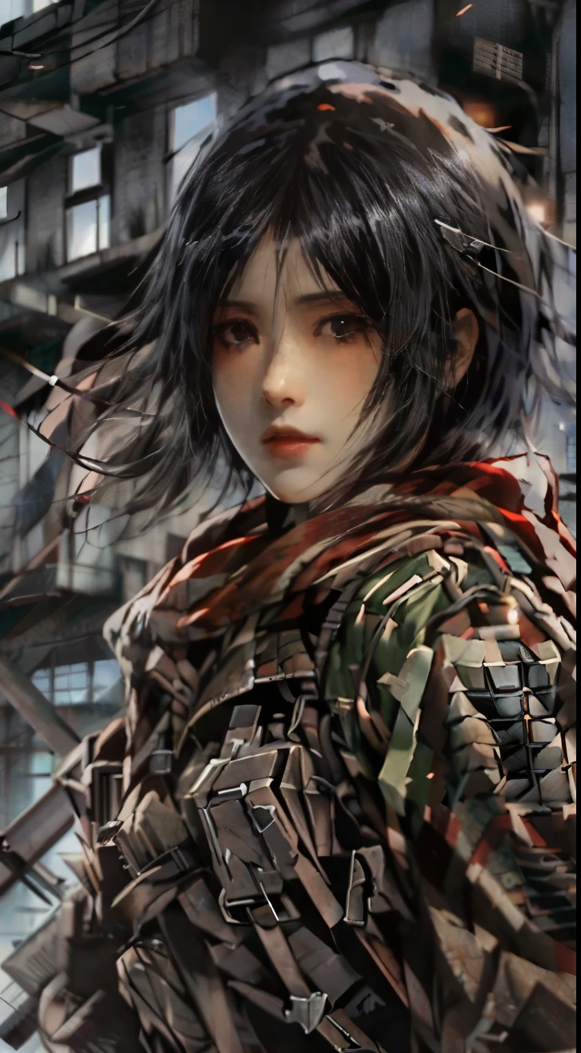 anime character with gun and gun in hand flying through the air, attack on titan covert art, mikasa ackerman, from attack on titan, in attack on titan, (attack on titans anime), shingeki no kyojin, attack on titan anime style, snk, attack on titans, levi ackerman, eren jaeger, badass anime 8 k，Attack on Titan heroine Mikasa Ackerman，with short black hair，Short hair，warrior combat uniform，black color hair，Short hair