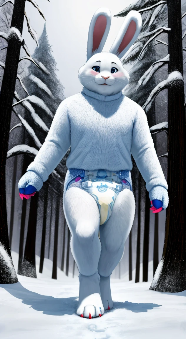 (rabbit), bipedal, male proportions, muscled, thick padded restraint hand mitts, shirtless, wearing pampers disposable soggy diaper with blue snowflake shaped symbol, throwing icy wind from claws, walking, surrounded by mist, surrounded by snowflakes, blizzard, at forest