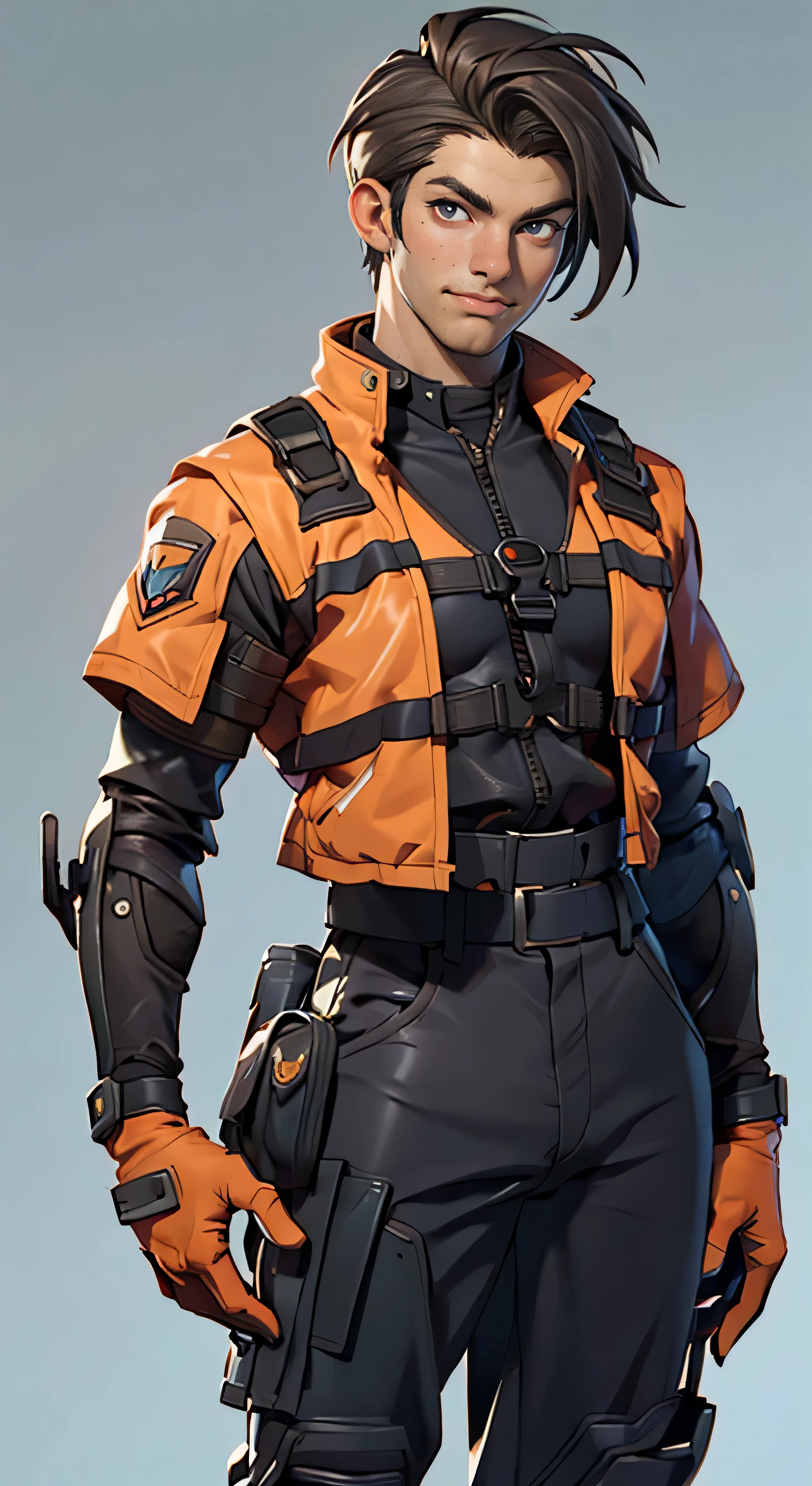 11:23(((Best quality at best: 1.4))),(Unbeatable masterpiece), (hyper HD),(Hyper-realistic 8k CG)、(Cross one hand at waist),(dark colored hair) ((( body))), (((ung person))),35-year-old American soldier with perfect body,,delicated face,muscular body:1.2,solid orange jacket with details, (Pictures from head to thighs), Complex equipment, Orange coat,long trousers,The clothes inside are dark,Clothes with metal technical parts,Tech Armor )